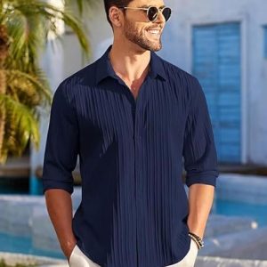 COLEBROOK Men's Casual Button Down Shirts Long Sleeve Linen Shirt Fashion Textured Beach Summer Shirt