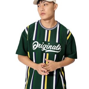 Round Neck Green Striped Cotton Oversized T-Shirts