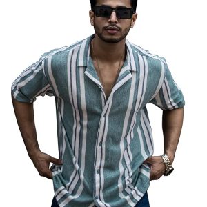Men's Striped Collar Neck Half Sleeve Jacquard Oversized Shirt