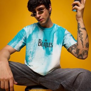 The Beatles Round Neck Blue and White Ombre Cotton Oversized T-Shirts