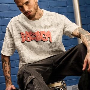 Bazinga Men and Boys Short Sleeves Round Neck Beige Printed Cotton Oversized T-Shirts