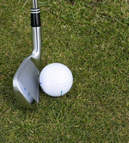 Golf club and ball on grass showcasing a leisure sport scene outdoors.