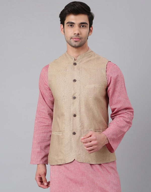 Beige Viscose Silk Printed Slim Fit Gilet