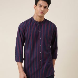 Navy Cotton Striped Slim Fit Shirt