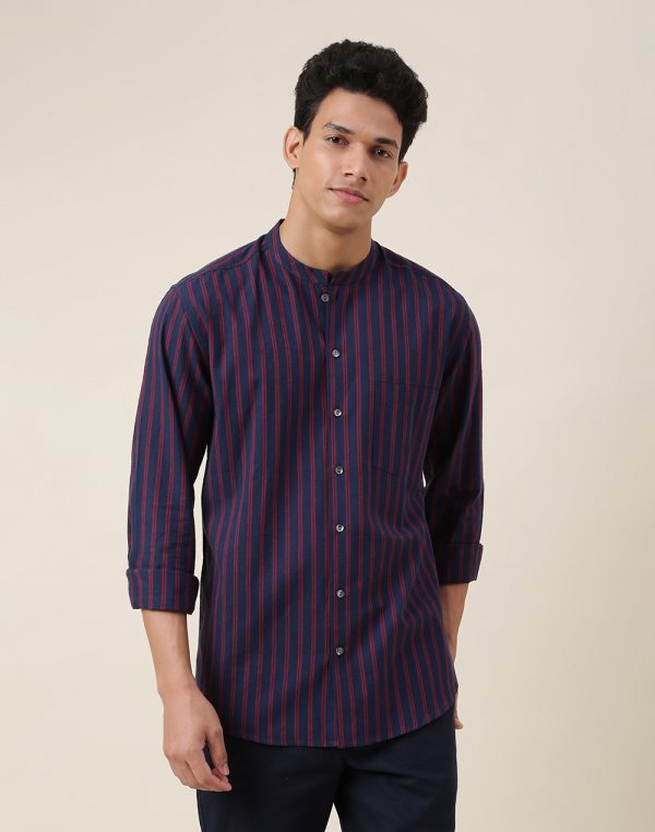 Navy Cotton Striped Slim Fit Shirt