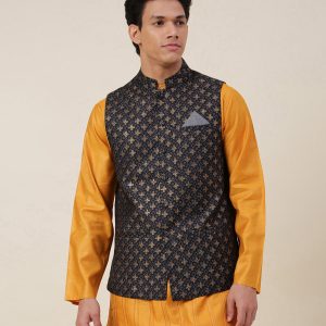 Black Viscose Silk Hand Block Printed Nehru Jacket