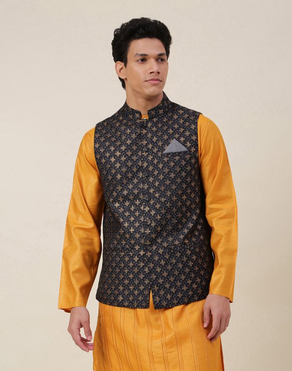 Black Viscose Silk Hand Block Printed Nehru Jacket