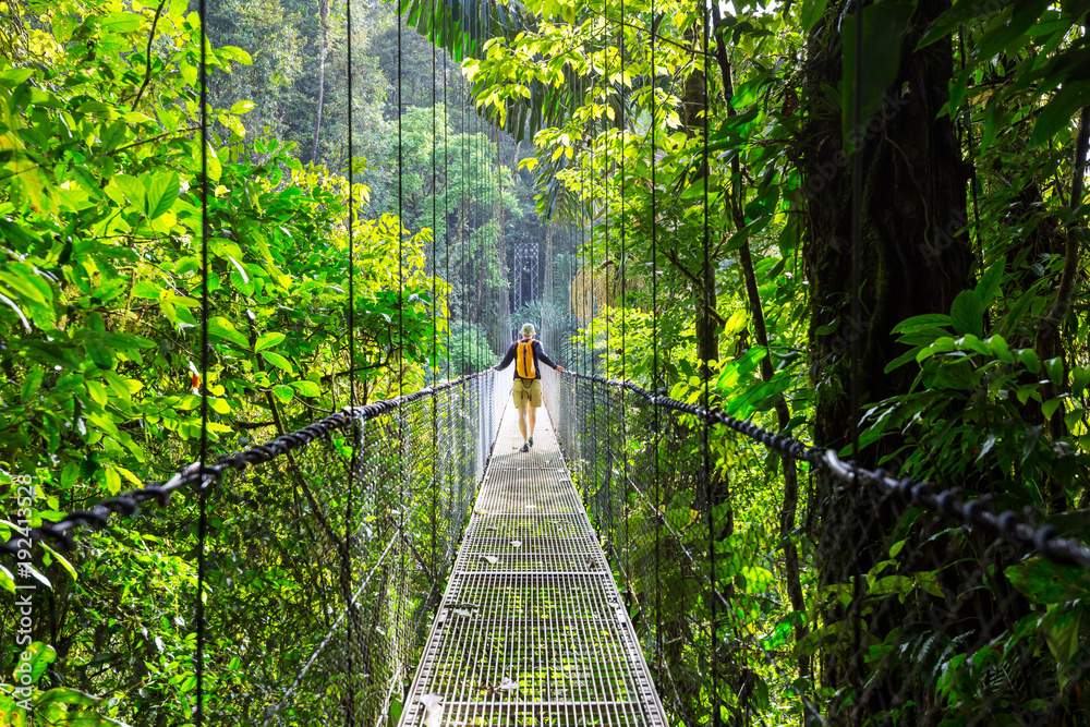 A hanging bridge connects the resort to the mountain.