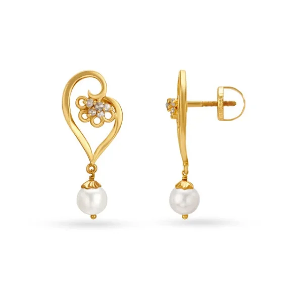 Heart Motif Pearl Gold Drop Earrings - Image 3