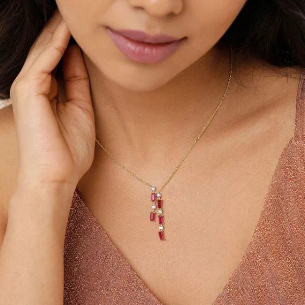 Sparkling Baguettes 14KT Ruby & Diamond Necklace - Image 4