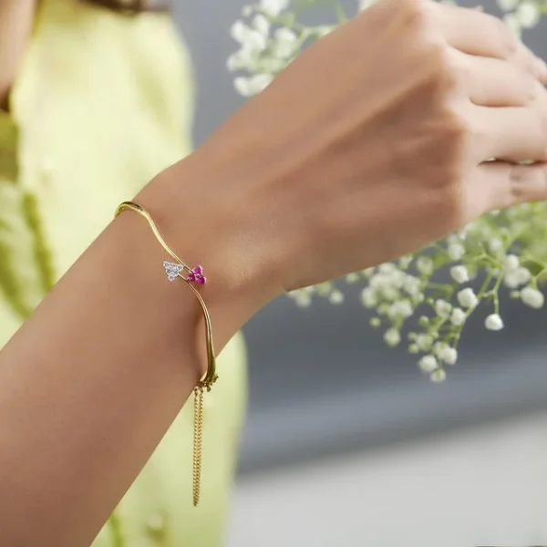 Floral Ruby and Diamond Gold Bangle - Image 4