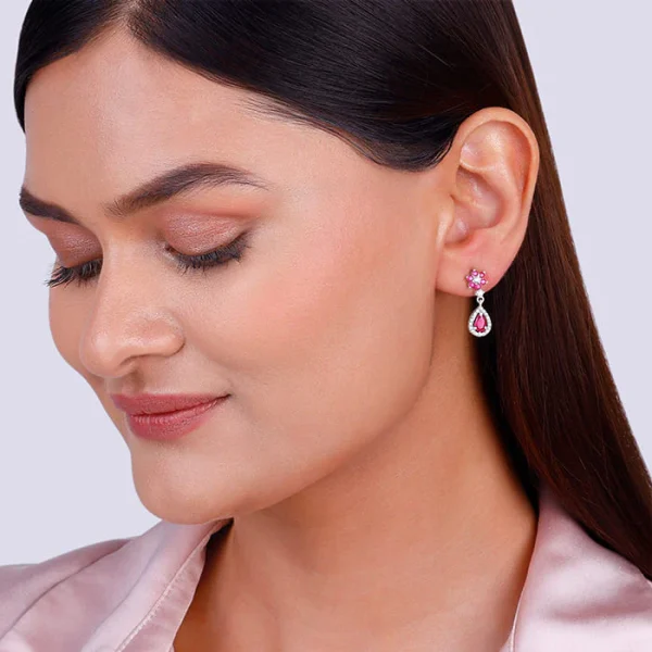 Silver Pink Flower Mini Drop Earrings - Image 4