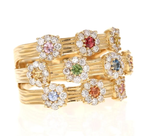 Carat Natural Multi Color Sapphire Diamond Yellow Gold Cocktail Ring